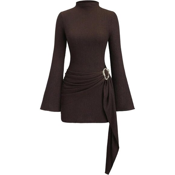 Dresses & Skirts - Women's Coffee Textured Mock Neck Dress Long Bell Sleeve Ruched Bodice